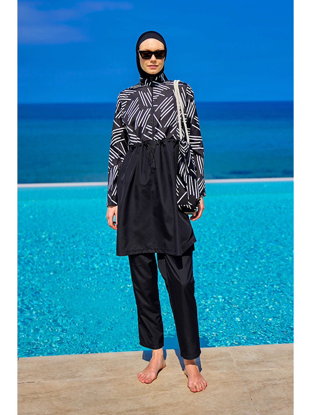 Siyah Tam Kapalı Tesettür Mayo Plaj Çantalı 4 Parça Set R2509