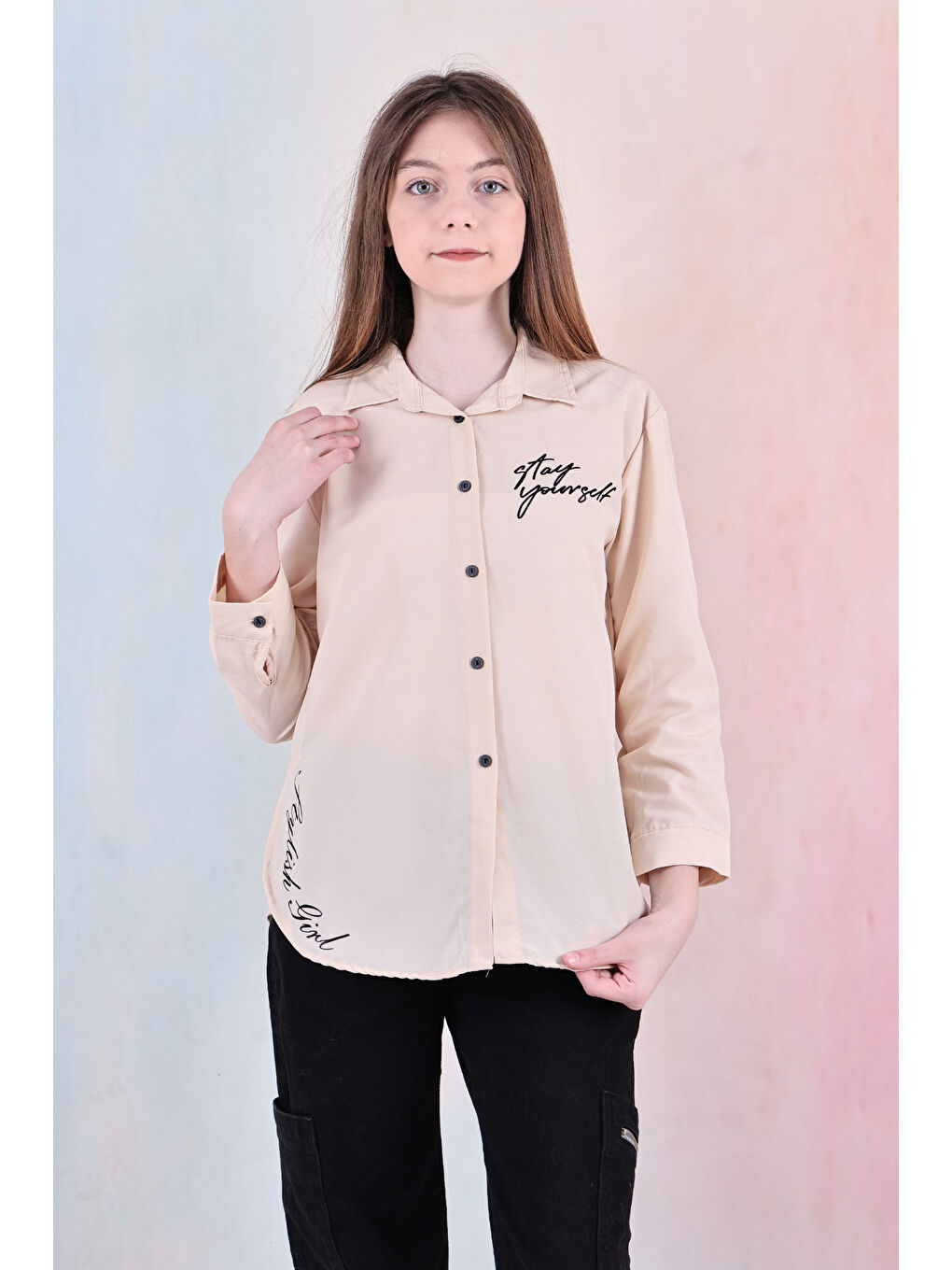 Ekru Kız Çocuk Panelli ve Yazı Baskılı Gömlek 6-15 Yaş 12255-1