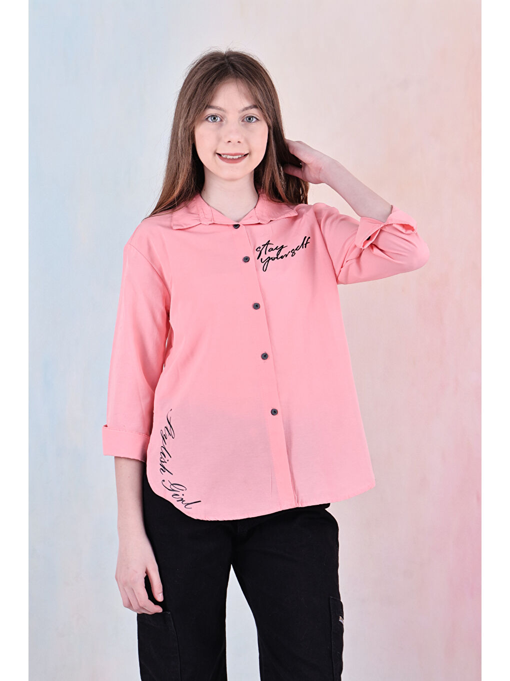 Pembe Kız Çocuk Panelli ve Yazı Baskılı Gömlek 6-15 Yaş 12255-3