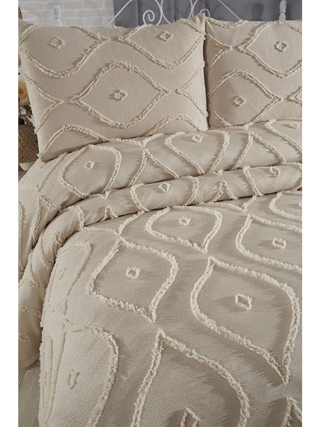 Pirot 3 Parça Çift Kişilik Pike Takımı Bej-4