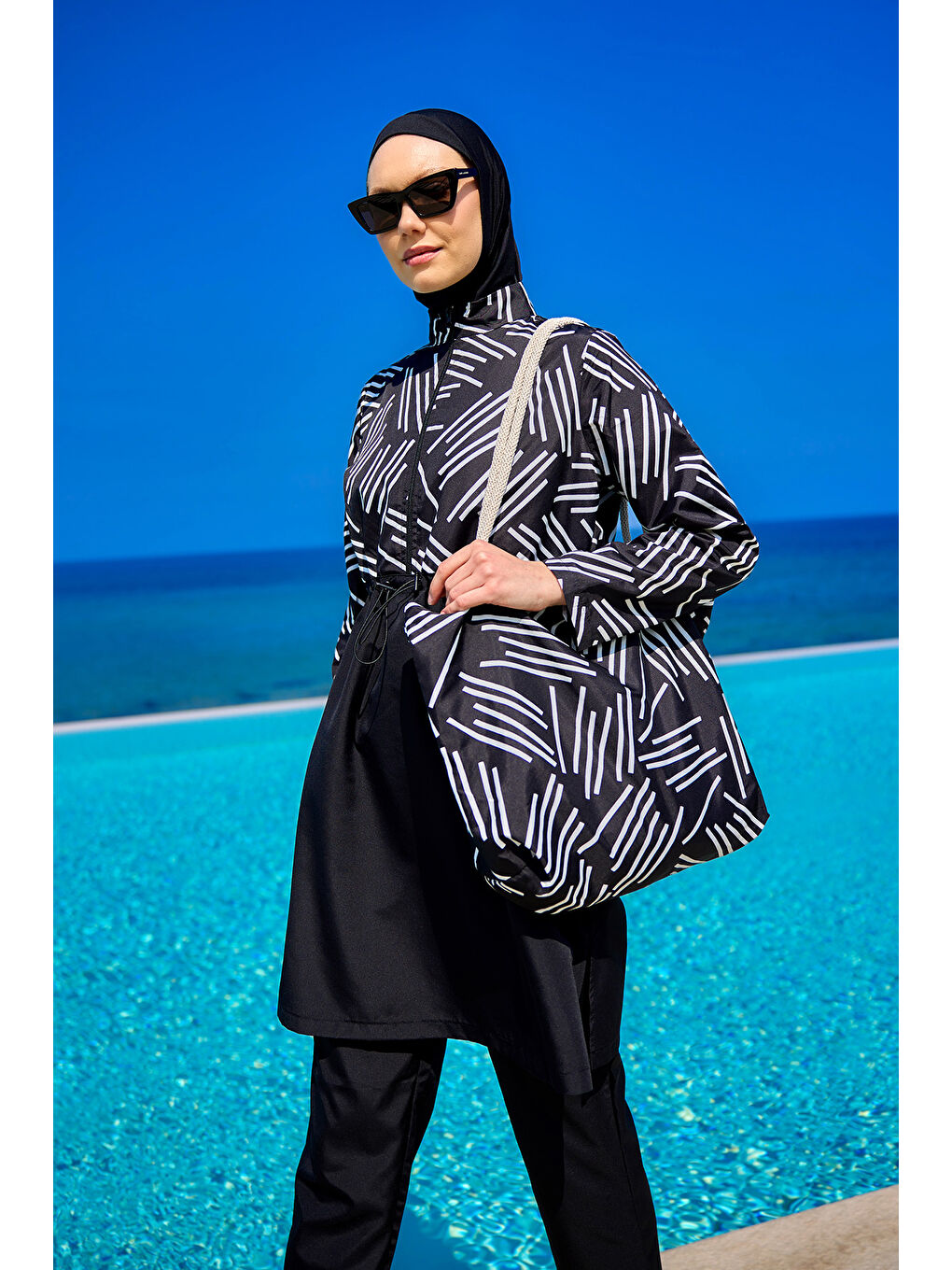 Siyah Tam Kapalı Tesettür Mayo Plaj Çantalı 4 Parça Set R2509-1