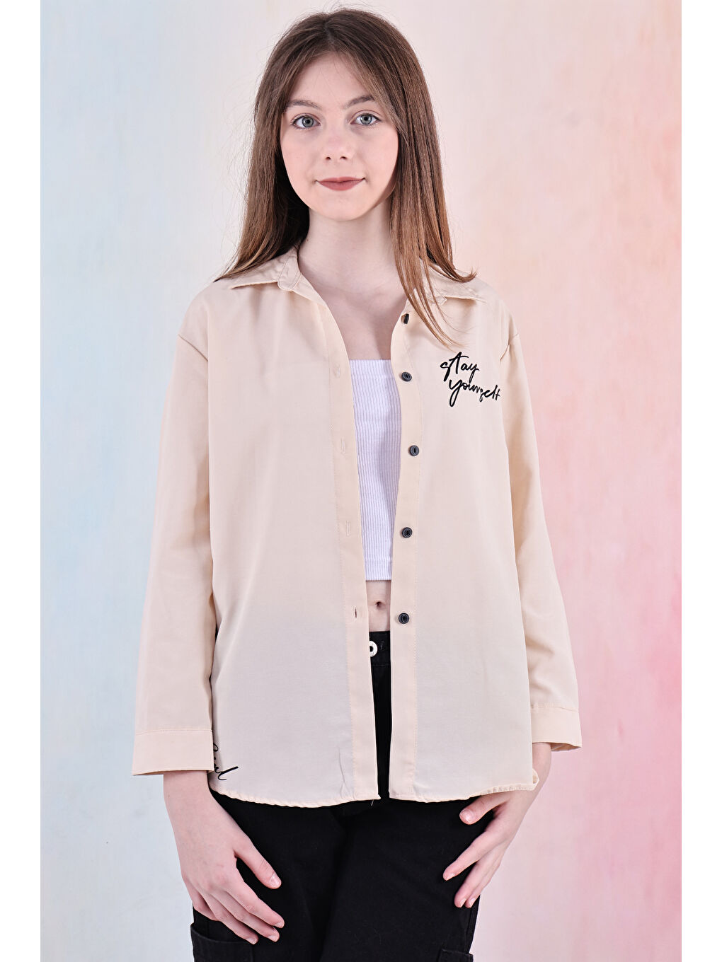 Ekru Kız Çocuk Panelli ve Yazı Baskılı Gömlek 6-15 Yaş 12255-2