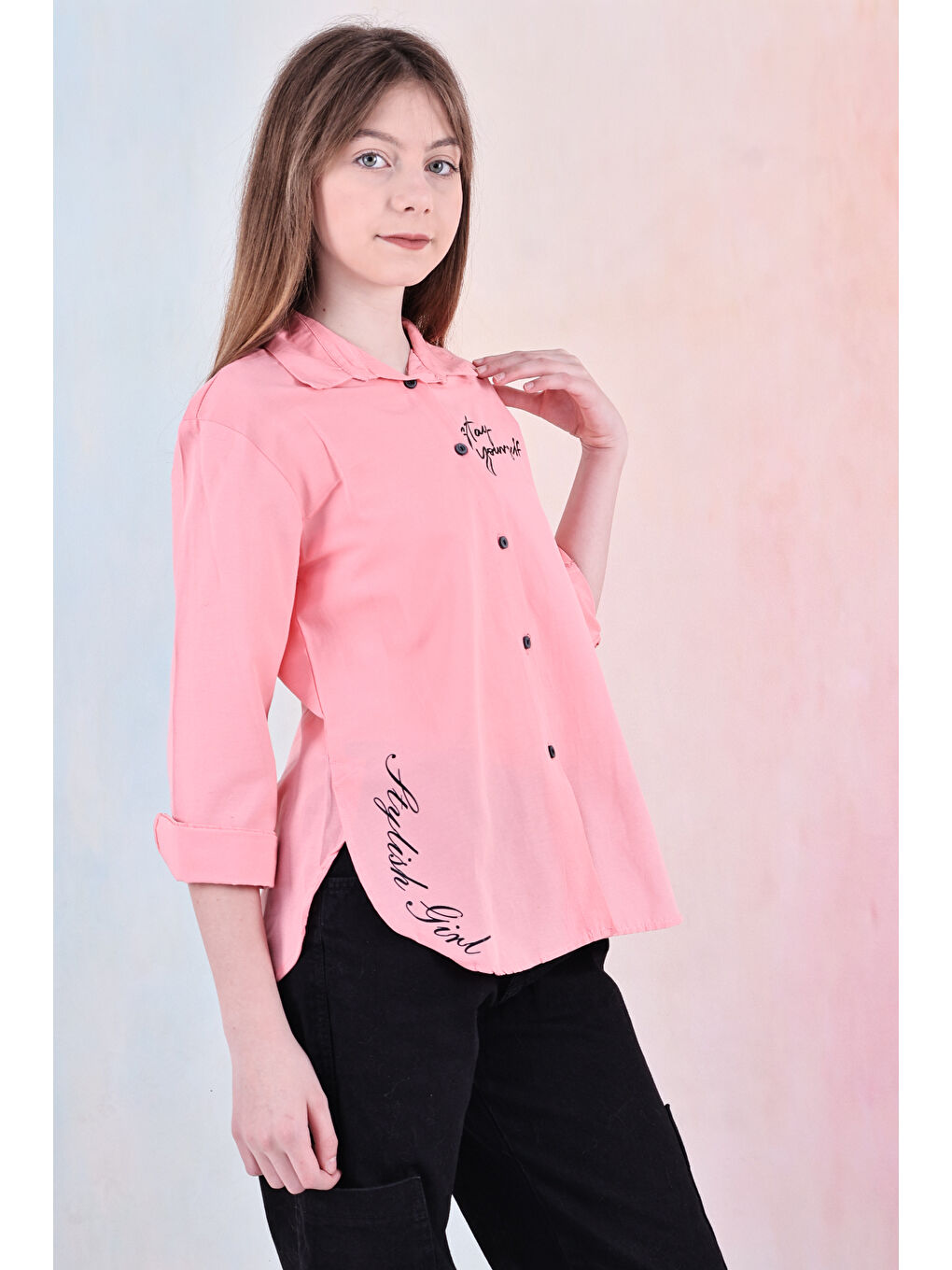 Pembe Kız Çocuk Panelli ve Yazı Baskılı Gömlek 6-15 Yaş 12255-4