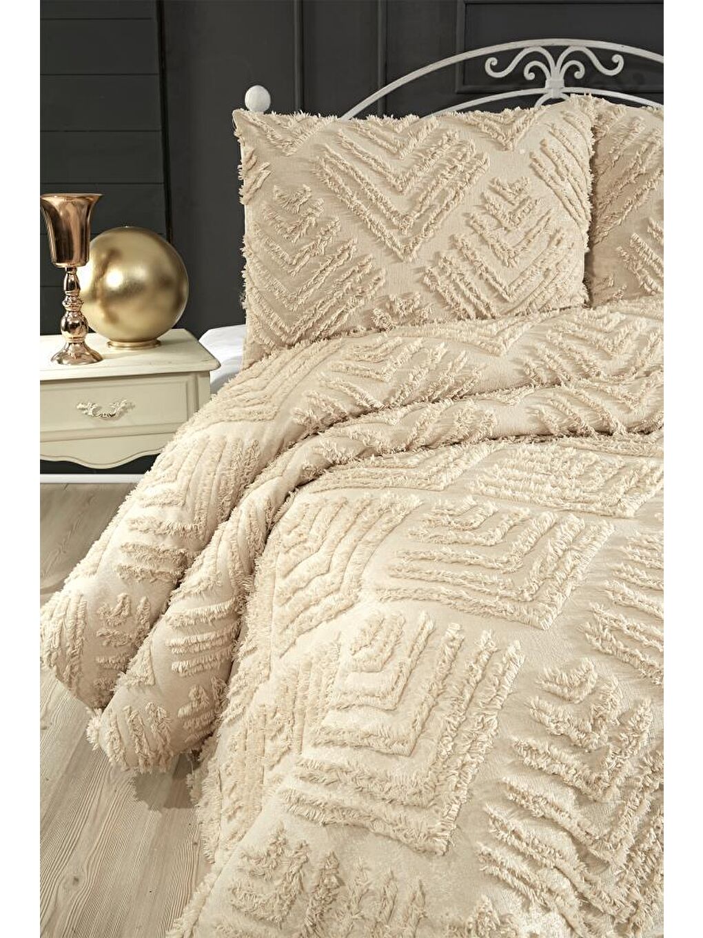 Pine 3 Parça Çift Kişilik Pike Takımı Bej-1