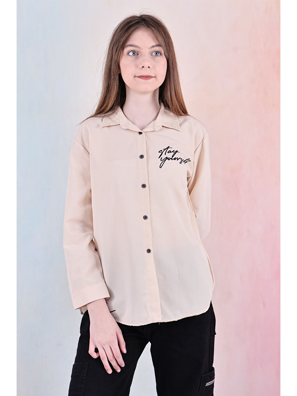 Ekru Kız Çocuk Panelli ve Yazı Baskılı Gömlek 6-15 Yaş 12255-3