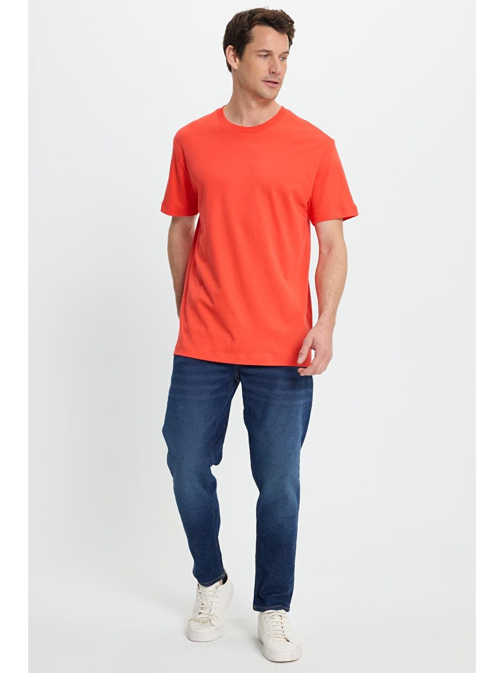 Turuncu Unisex Relax Fit Rahat Kesim %100 Pamuk Yumuşak Dokulu Hafif Kalın Nar Bisiklet Yaka Tişört-3