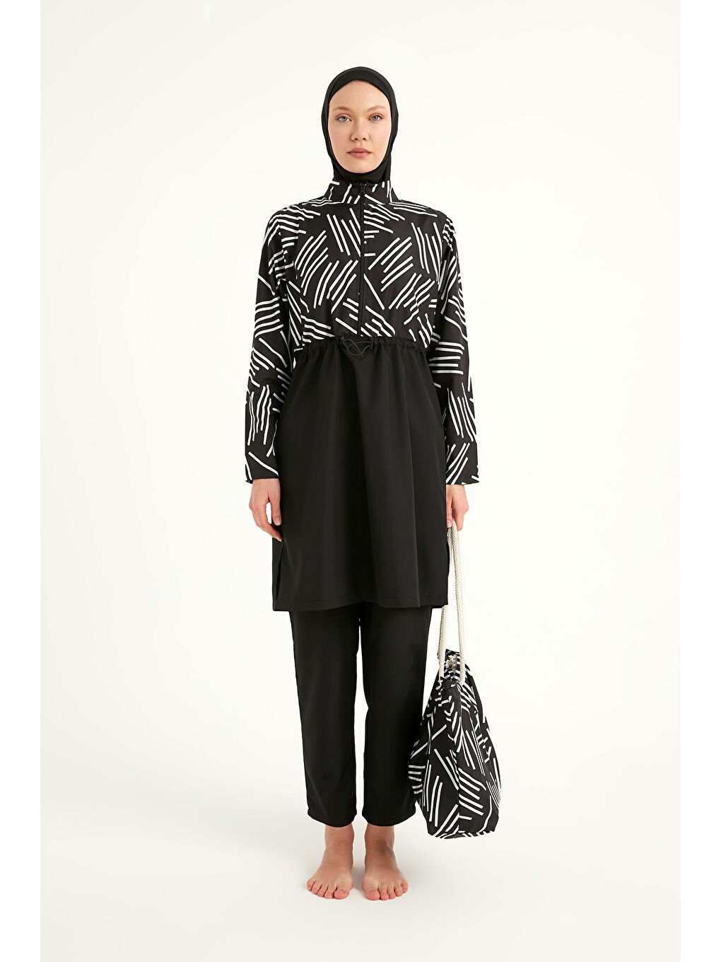 Siyah Tam Kapalı Tesettür Mayo Plaj Çantalı 4 Parça Set R2509-4