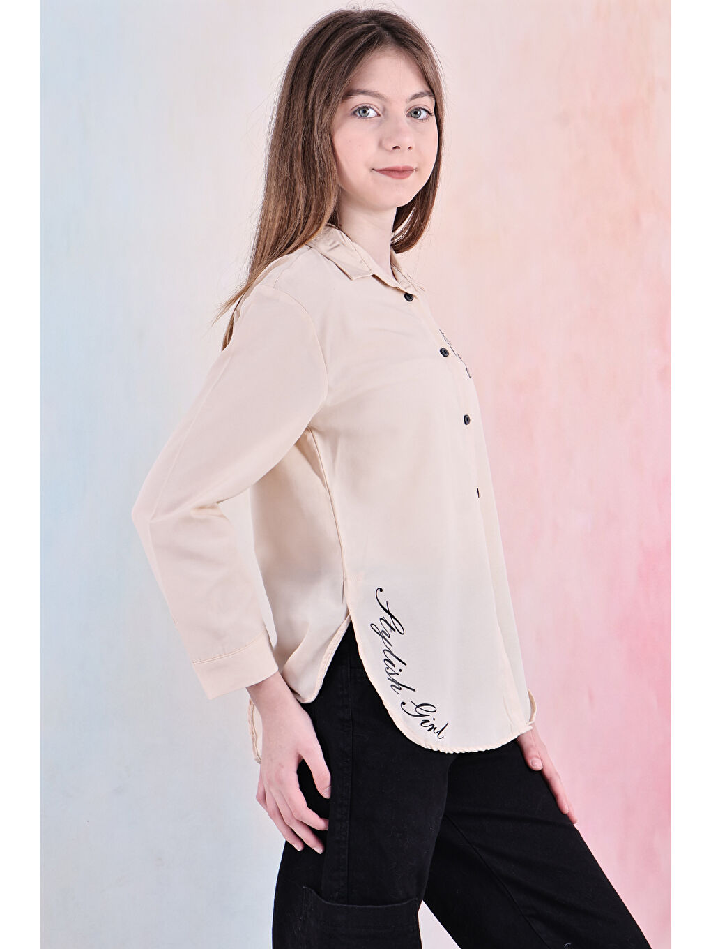 Ekru Kız Çocuk Panelli ve Yazı Baskılı Gömlek 6-15 Yaş 12255-4