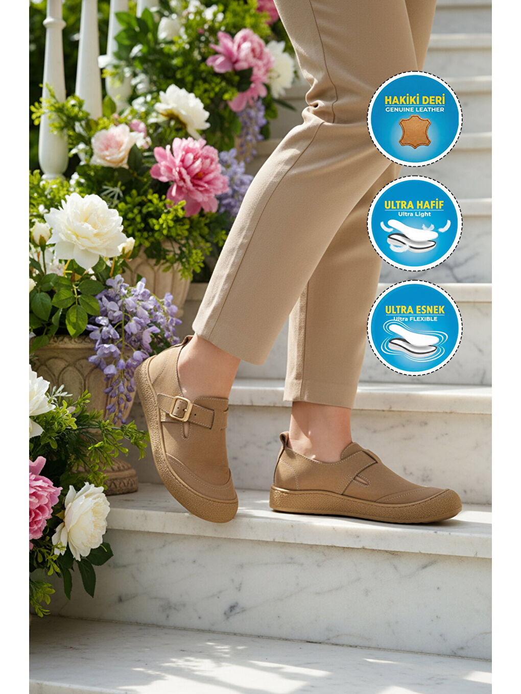 Premium Bej Hakiki Deri Hafif Esnek Kadın Casual Ayakkabı 234 Z-2