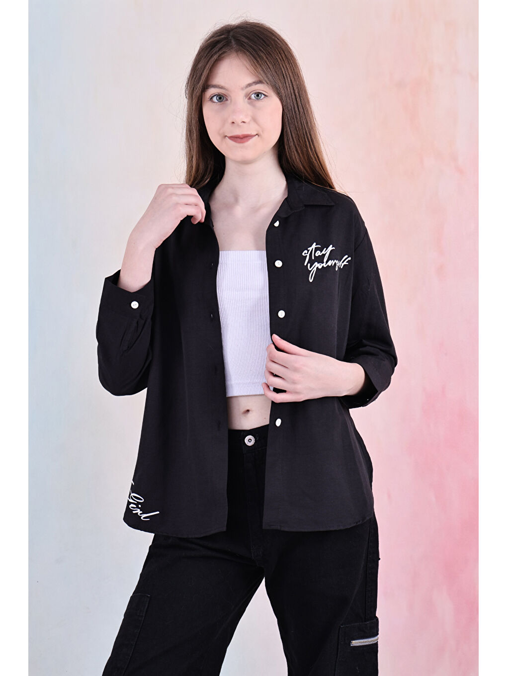 Siyah Kız Çocuk Panelli ve Yazı Baskılı Gömlek 6-15 Yaş 12255-1