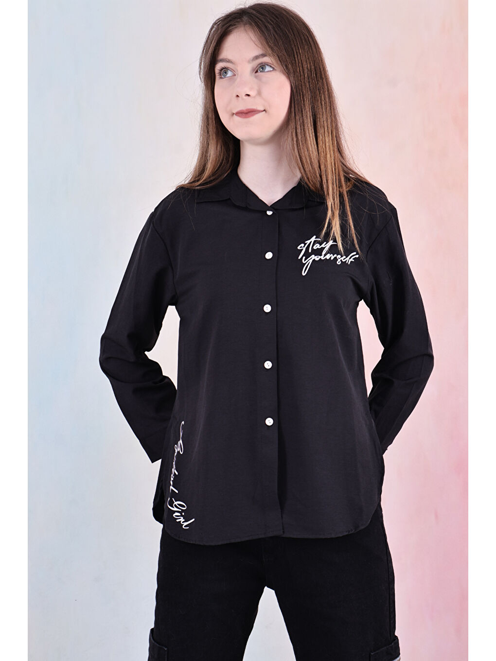 Siyah Kız Çocuk Panelli ve Yazı Baskılı Gömlek 6-15 Yaş 12255-2