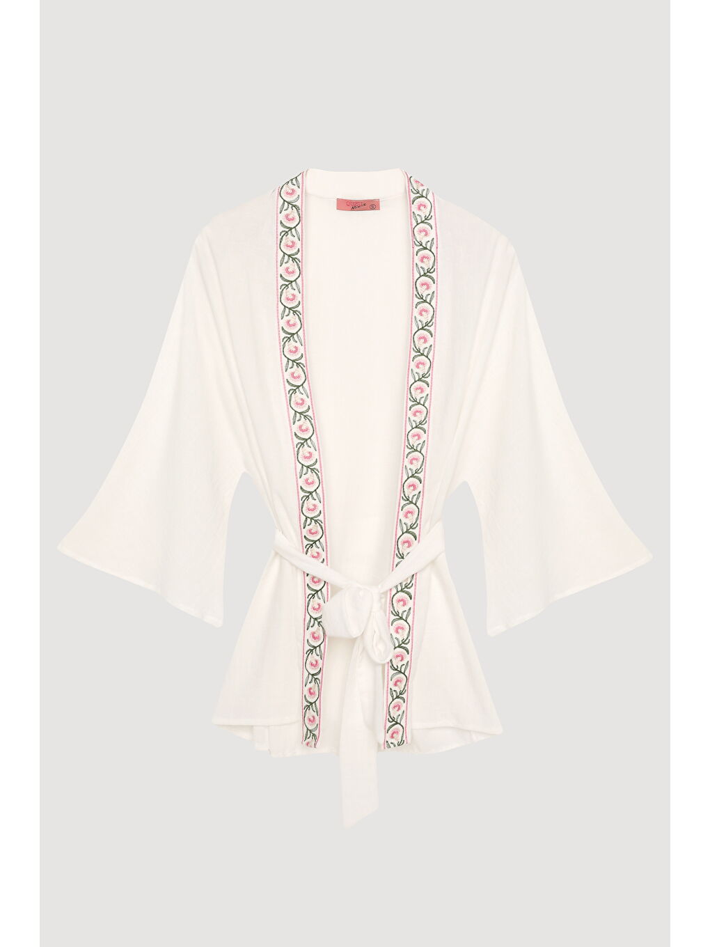Bağlama Detaylı Nakışlı Yarasa Kol Kimono Ekru