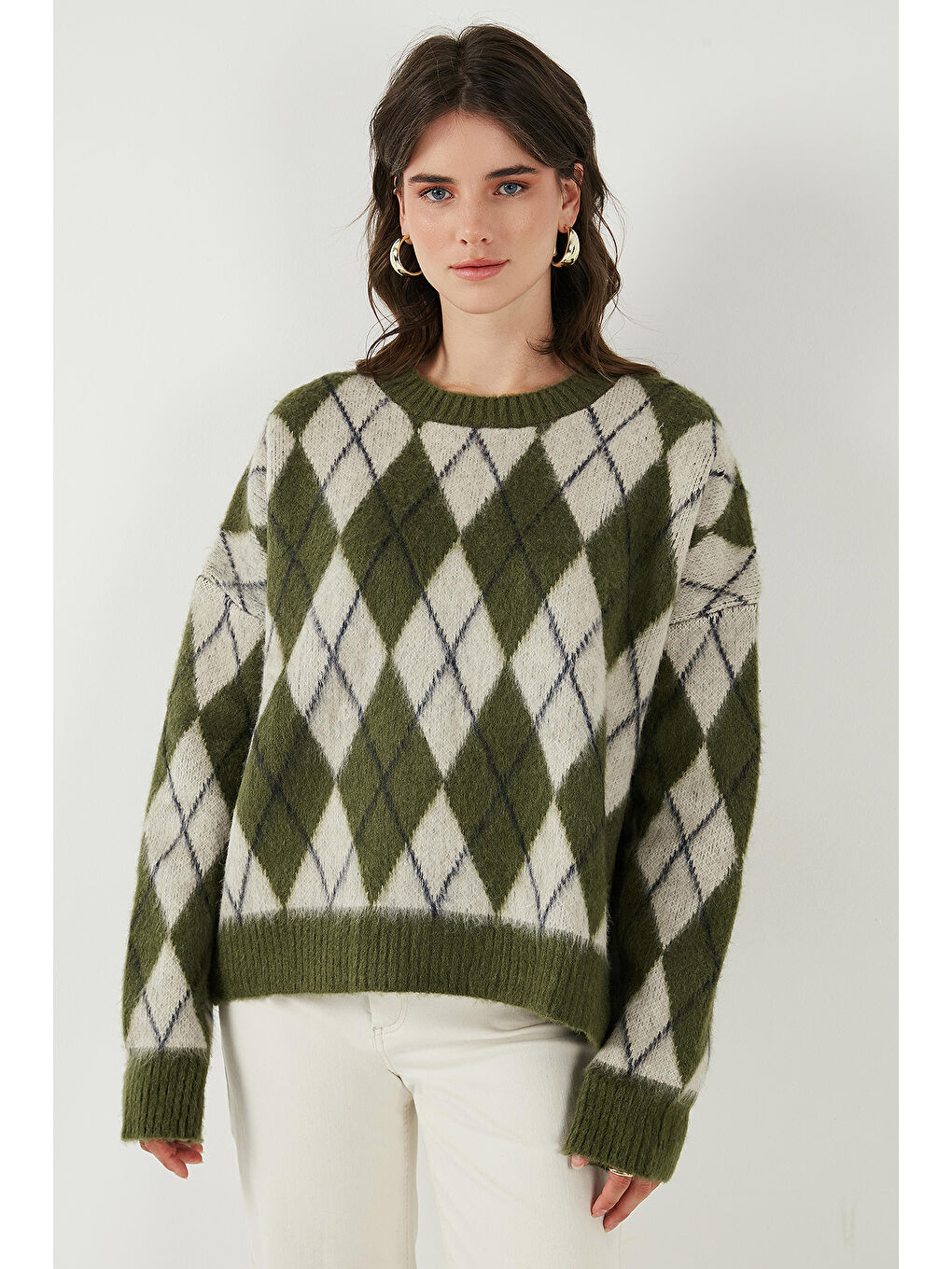 Haki Oversize Fit Bisiklet Yaka Baklava Desenli Yumuşak Dokulu Kadın Kazak 4616223-5