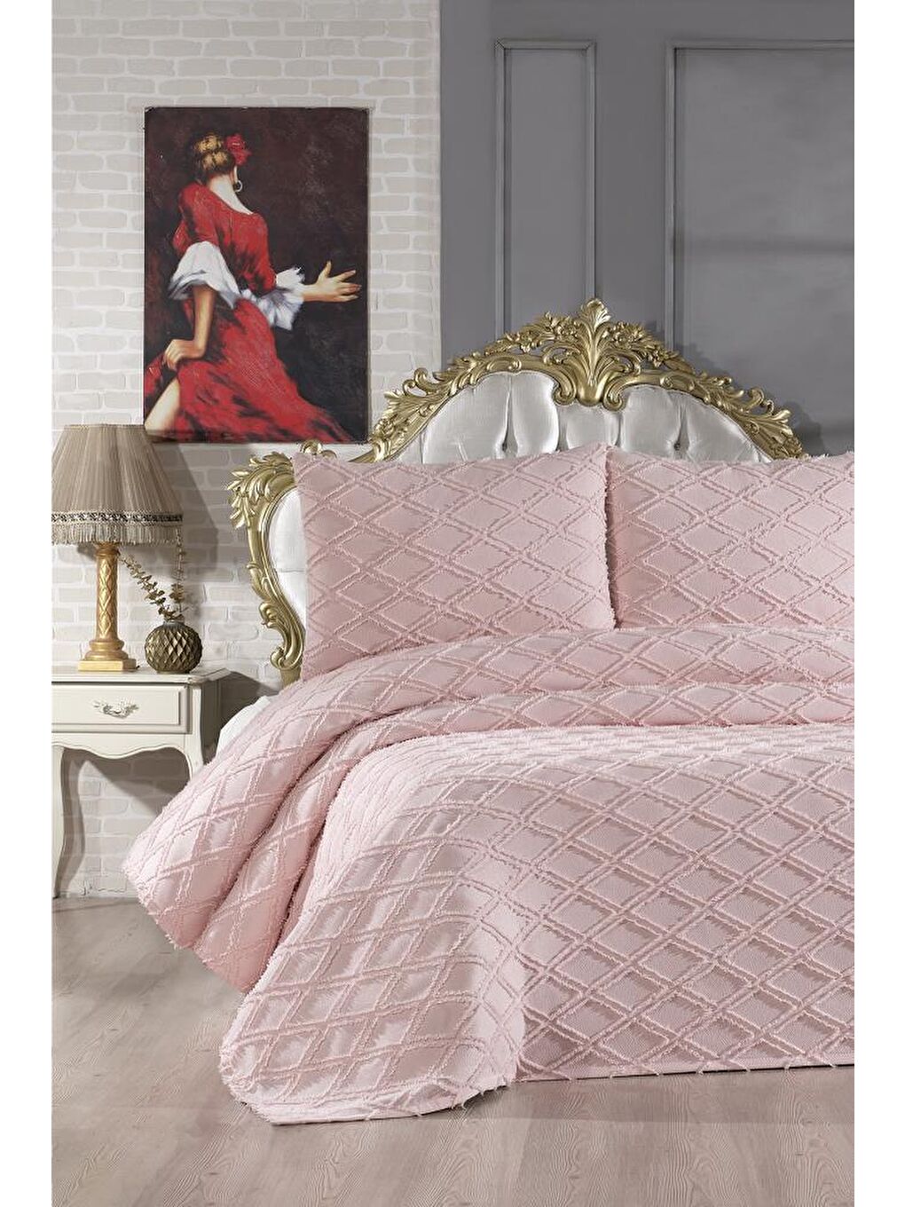 Pembe Vesya 3 Parça Çift Kişilik Pike Takımı Pudra