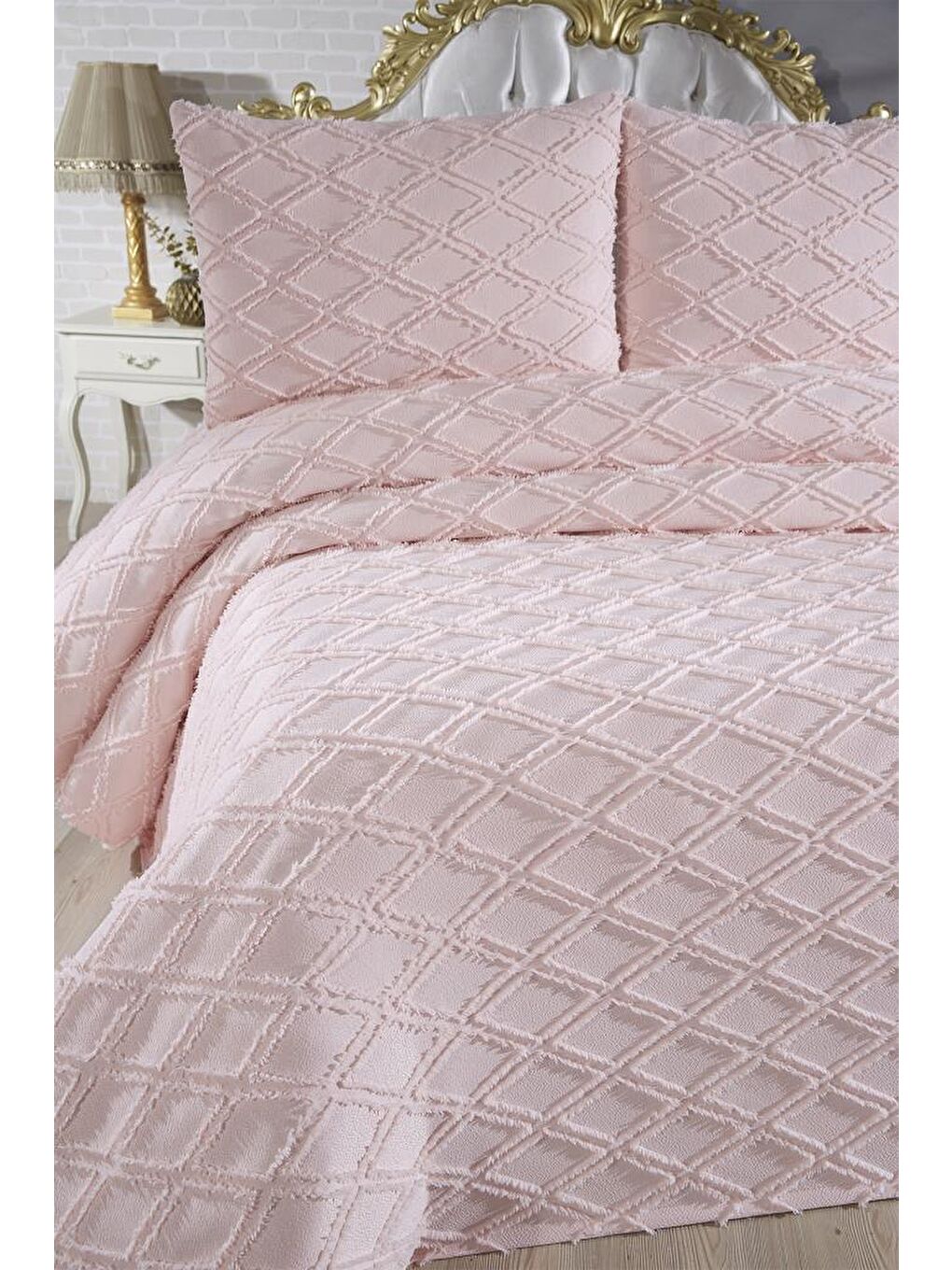 Pembe Vesya 3 Parça Çift Kişilik Pike Takımı Pudra-1