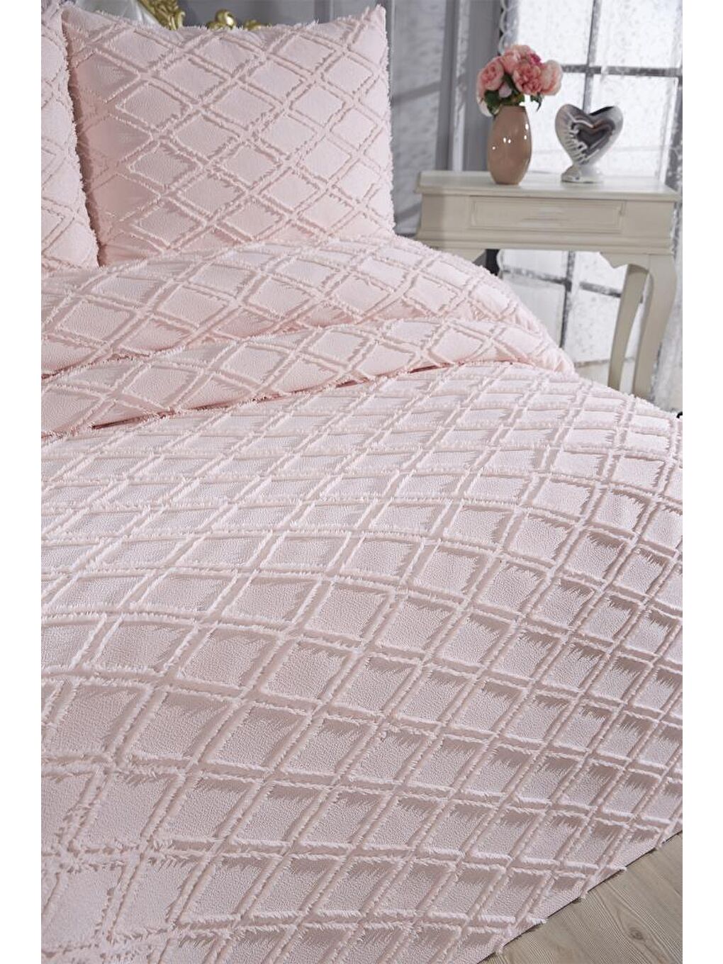 Pembe Vesya 3 Parça Çift Kişilik Pike Takımı Pudra-2