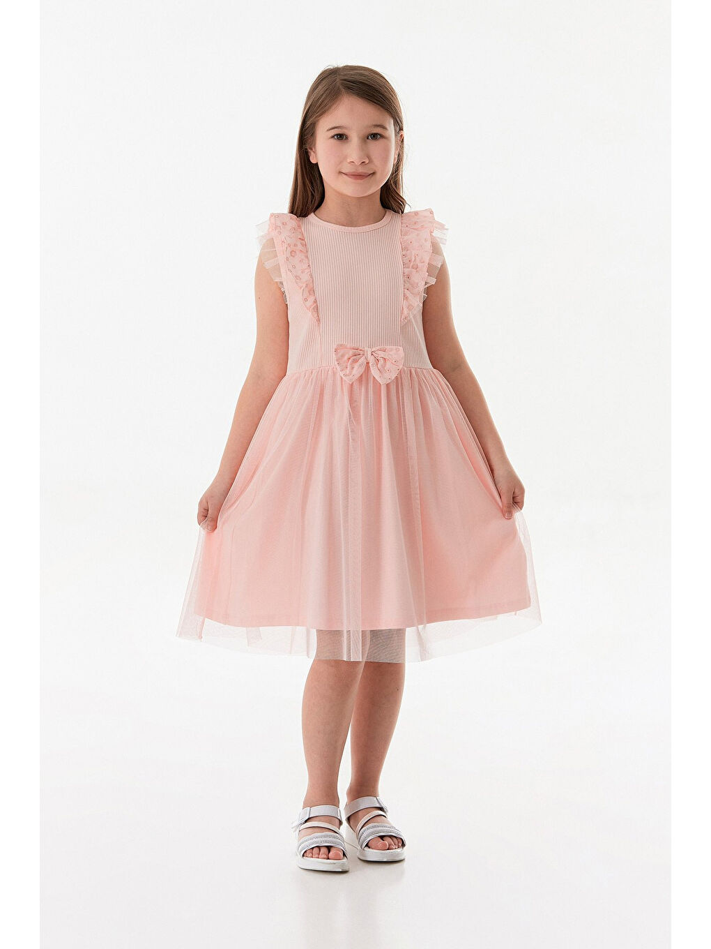 Pembe Kurdele Detaylı Kolu Fırfırlı Tüllü Kız Çocuk Elbise
