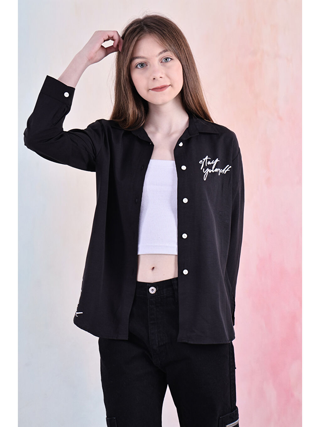 Siyah Kız Çocuk Panelli ve Yazı Baskılı Gömlek 6-15 Yaş 12255-3