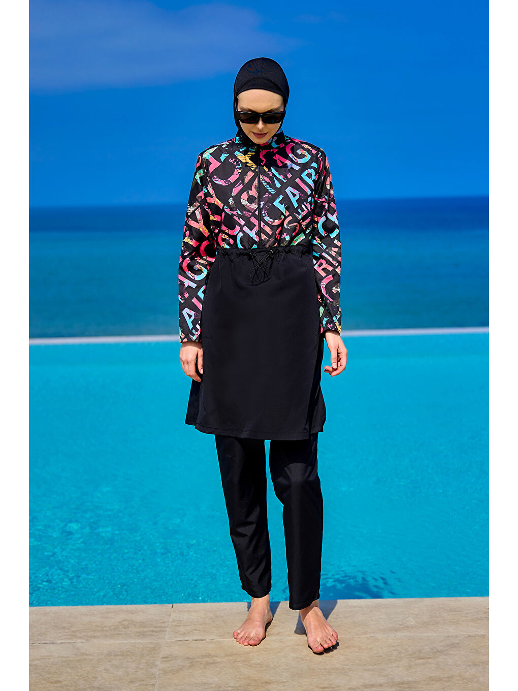 Siyah Tam Kapalı Tesettür Mayo Plaj Çantalı 4 Parça Set R2507-3