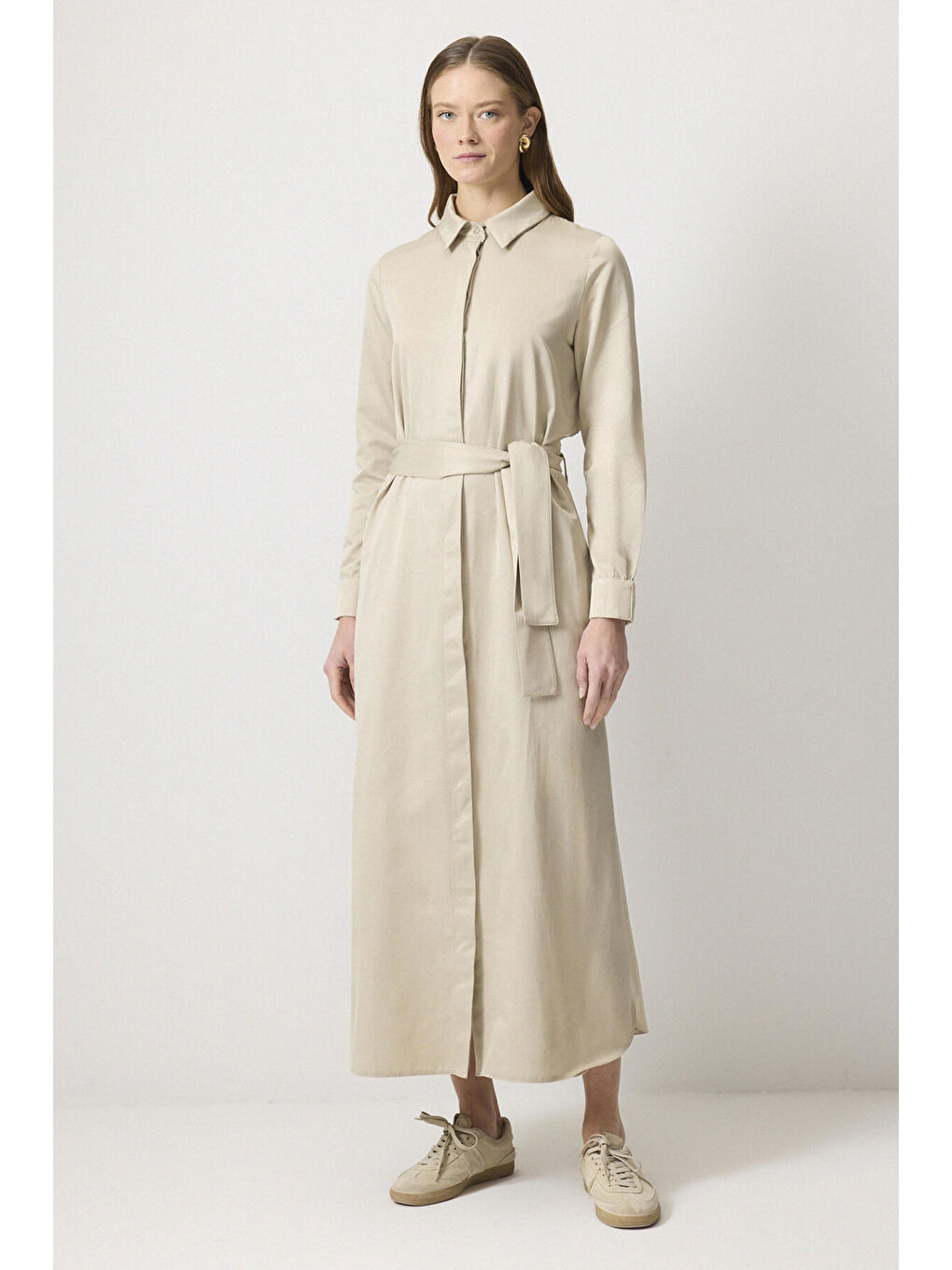 Bej Kuşaklı Gömlek Elbise-1