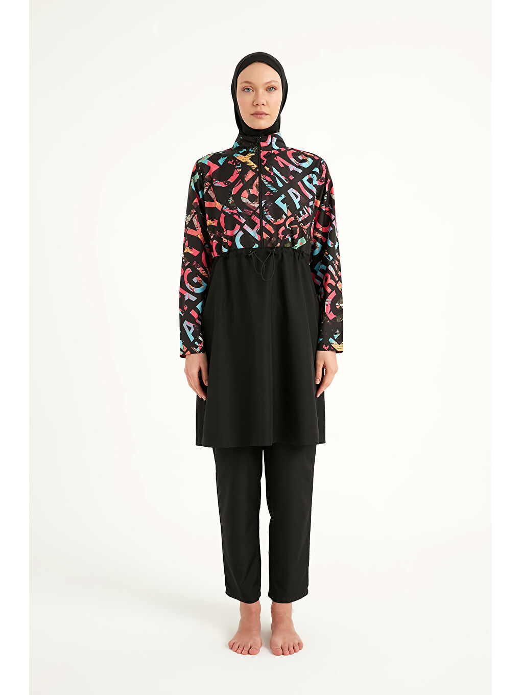 Siyah Tam Kapalı Tesettür Mayo Plaj Çantalı 4 Parça Set R2507-4