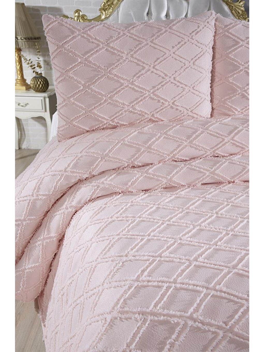 Pembe Vesya 3 Parça Çift Kişilik Pike Takımı Pudra-5