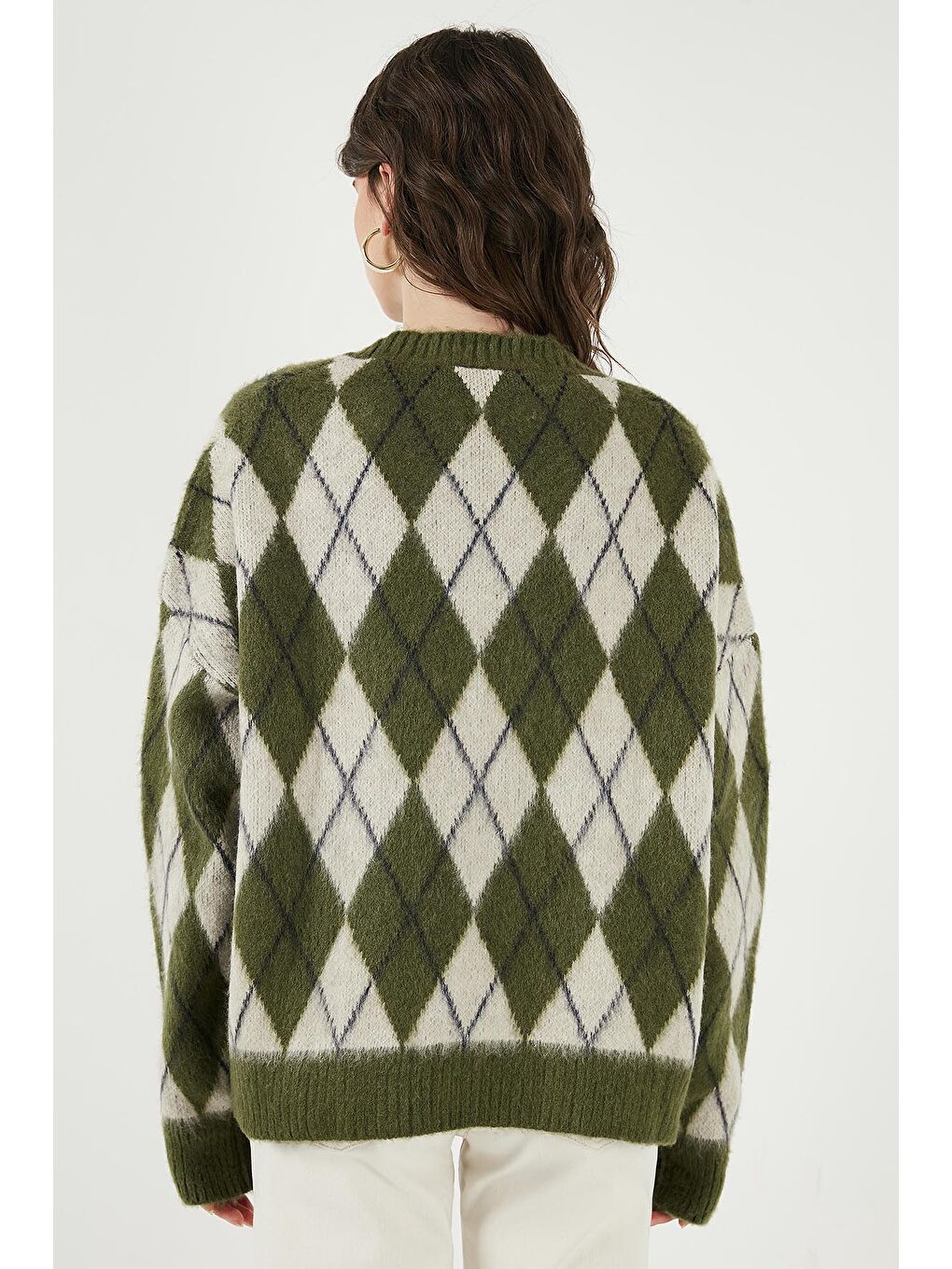 Haki Oversize Fit Bisiklet Yaka Baklava Desenli Yumuşak Dokulu Kadın Kazak 4616223-6