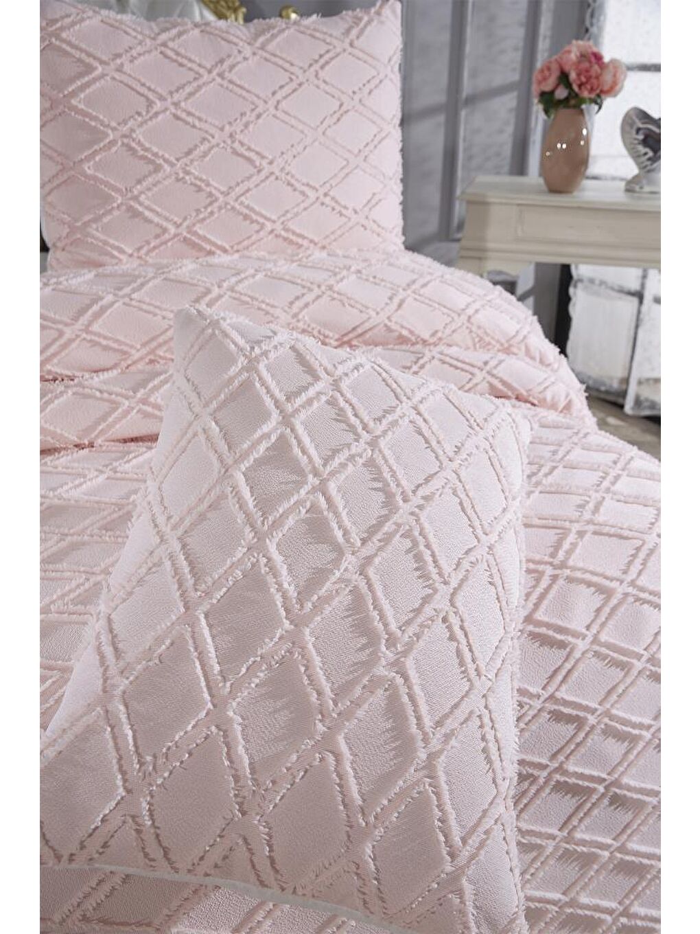 Pembe Vesya 3 Parça Çift Kişilik Pike Takımı Pudra-6