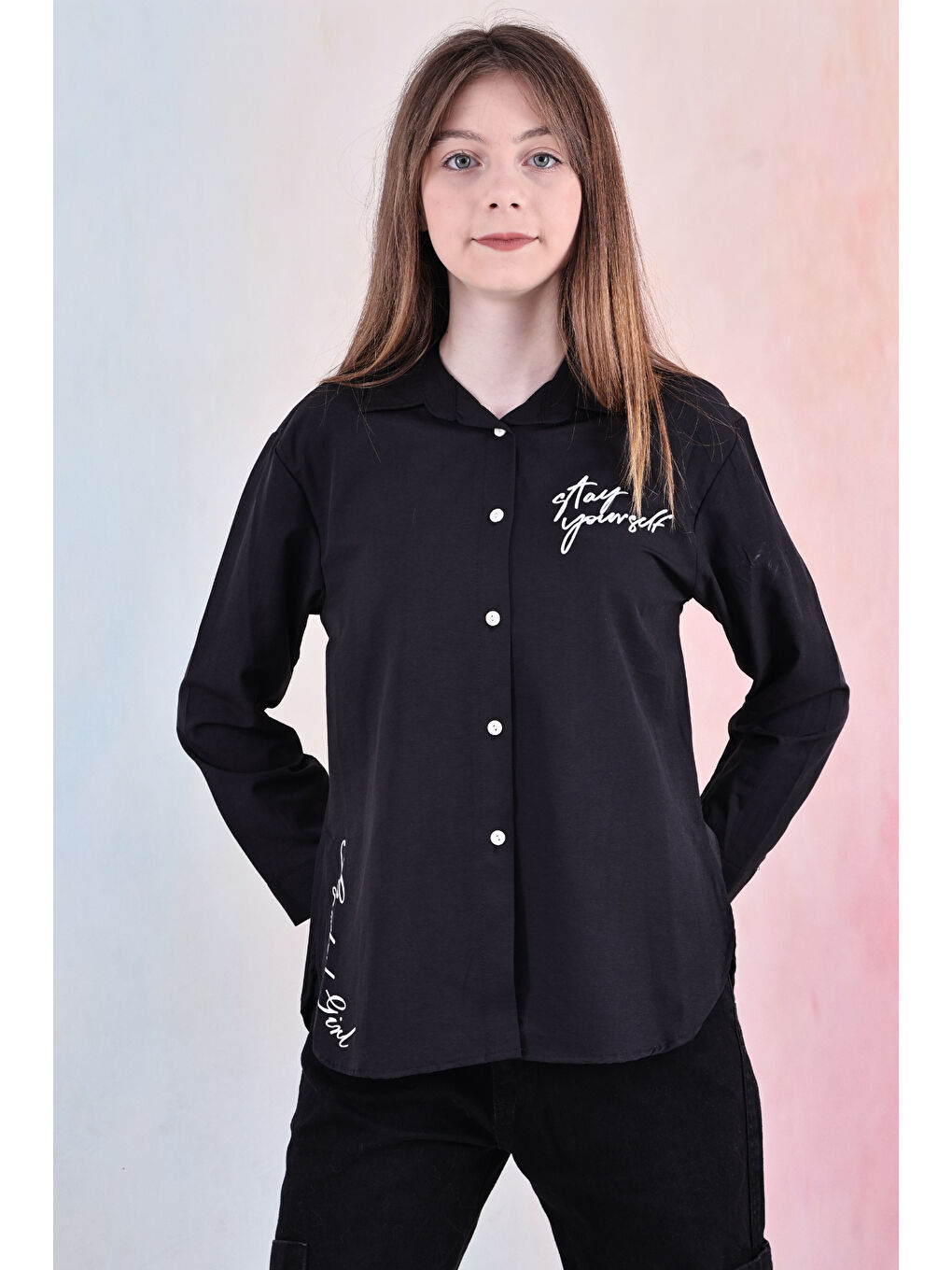 Siyah Kız Çocuk Panelli ve Yazı Baskılı Gömlek 6-15 Yaş 12255-4