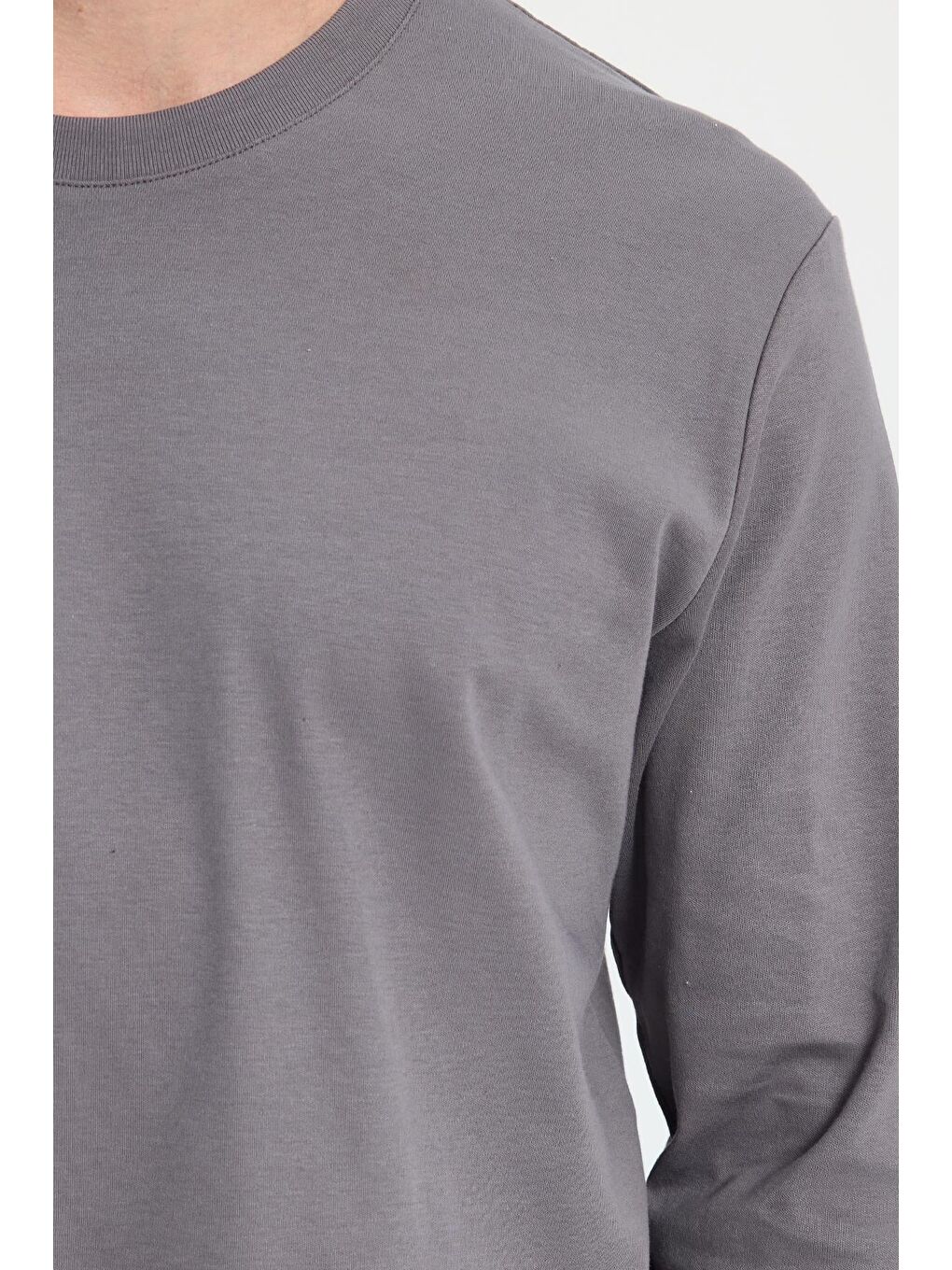 Unisex Relax Fit Rahat Kesim %100 Pamuk Uzun Kollu Bisiklet Yaka Koyu Gri Basic Tişört-2