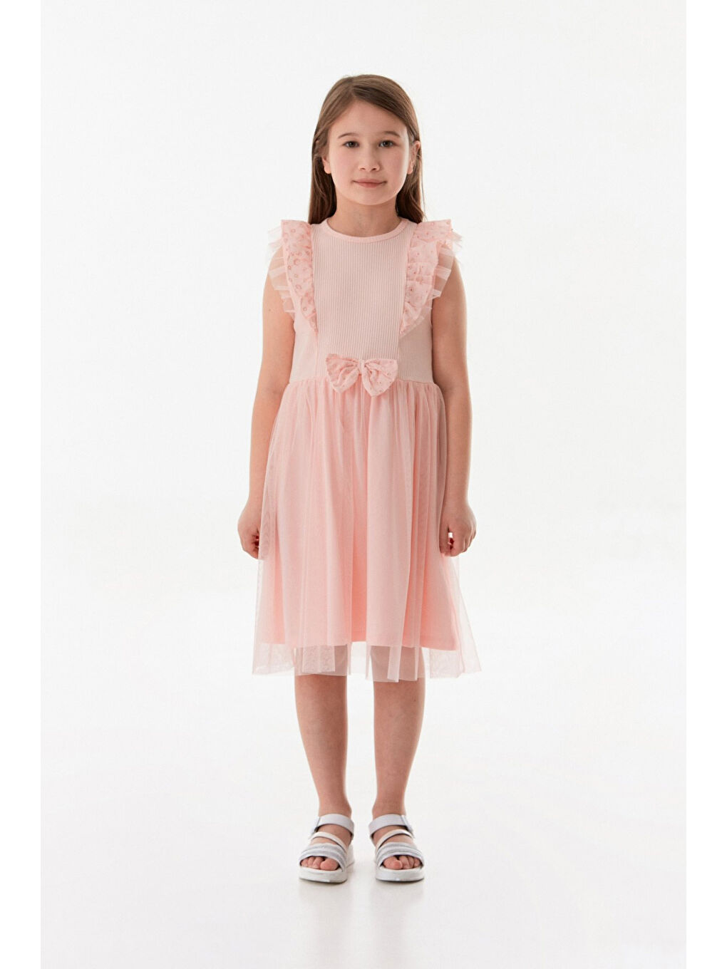 Pembe Kurdele Detaylı Kolu Fırfırlı Tüllü Kız Çocuk Elbise-1