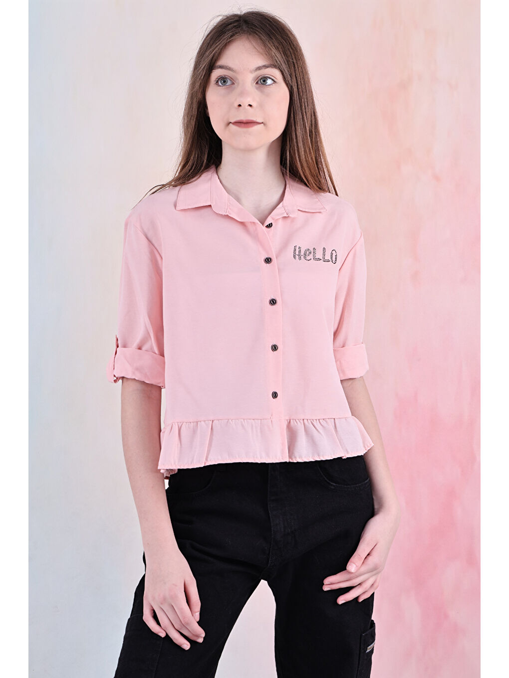 Pembe Kız Çocuk Bel Detaylı-Taş Baskılı Crop Gömlek 6-15 Yaş 12254