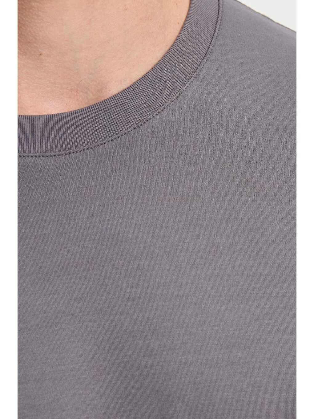Unisex Relax Fit Rahat Kesim %100 Pamuk Uzun Kollu Bisiklet Yaka Koyu Gri Basic Tişört-5