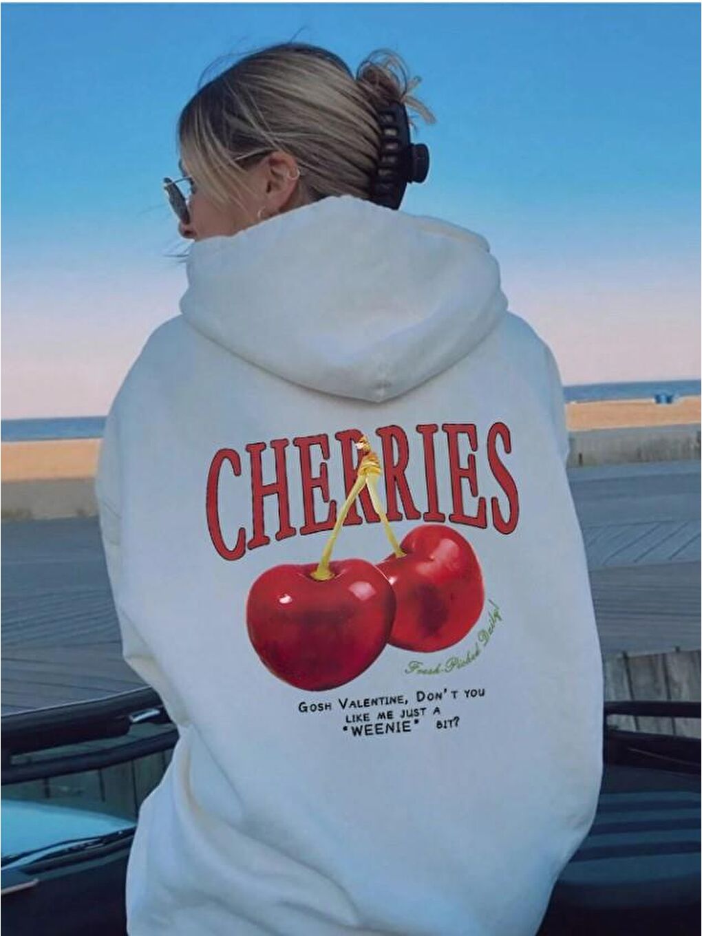 Touz Moda Beyaz Street Wear Cherry Baskılı Oversize Unisex Ecru Kapşonlu Hoodie Sweatshirt