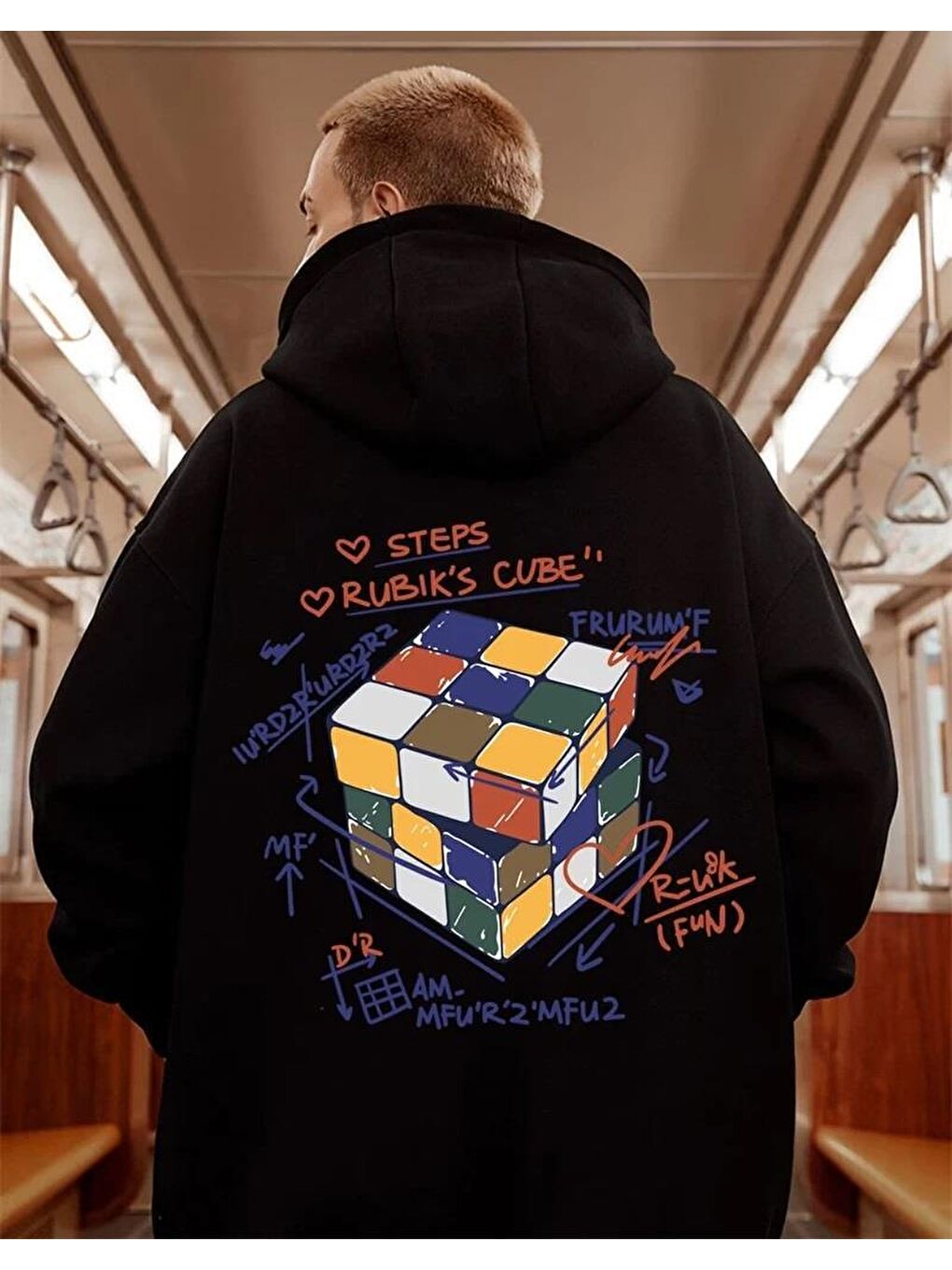 Touz Moda Siyah Street Wear Rubik Küp Baskılı Oversize Unisex Siyah Kapüşonlu Hoodie Sweatshirt