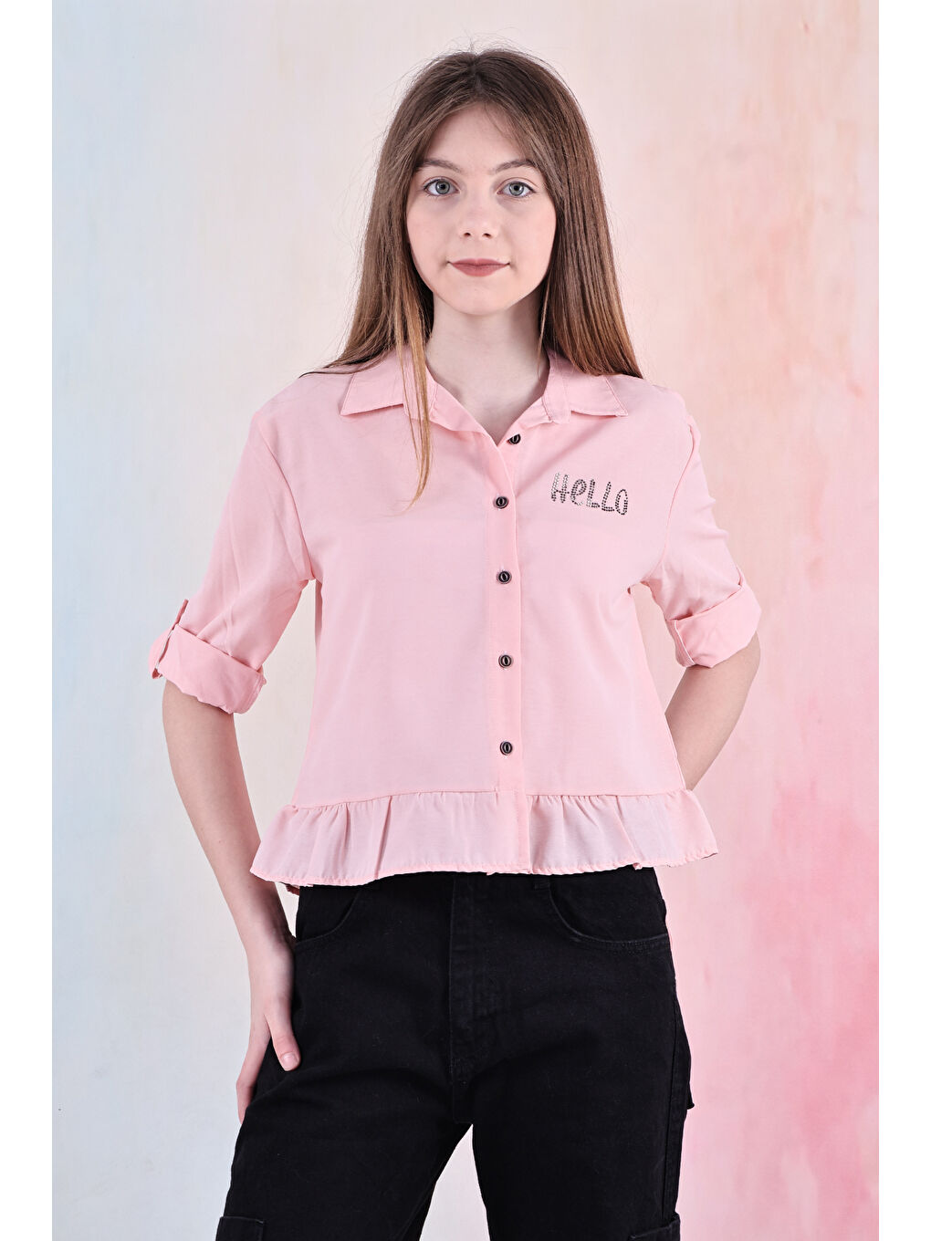 Pembe Kız Çocuk Bel Detaylı-Taş Baskılı Crop Gömlek 6-15 Yaş 12254-1