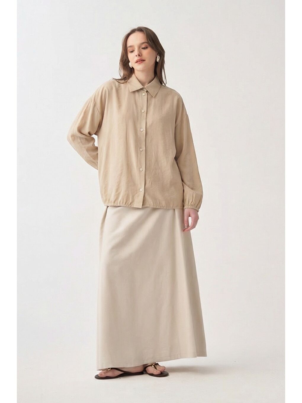 Bej-Düğmeli Oversize Ceket