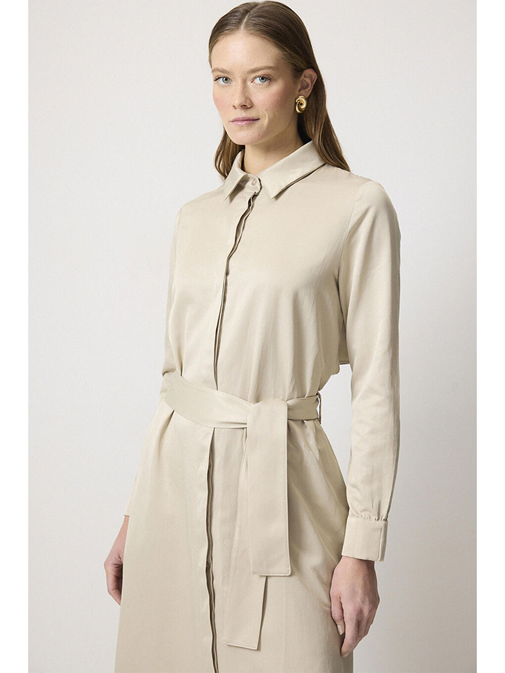 Bej Kuşaklı Gömlek Elbise-2