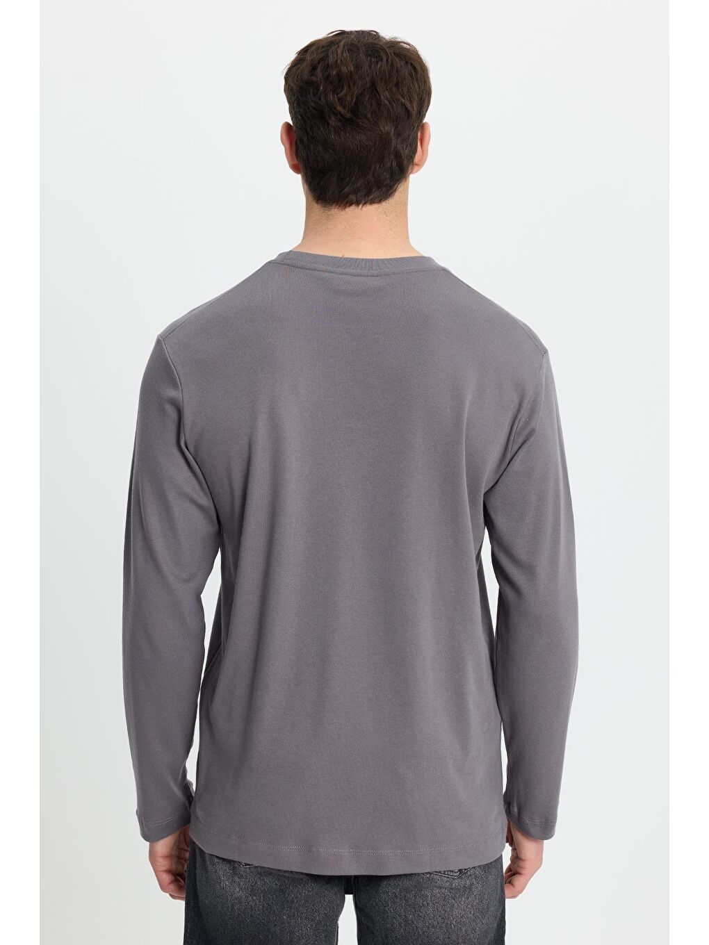 Unisex Relax Fit Rahat Kesim %100 Pamuk Uzun Kollu Bisiklet Yaka Koyu Gri Basic Tişört-6