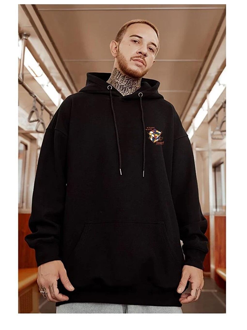 Touz Moda Siyah Street Wear Rubik Küp Baskılı Oversize Unisex Siyah Kapüşonlu Hoodie Sweatshirt - 1