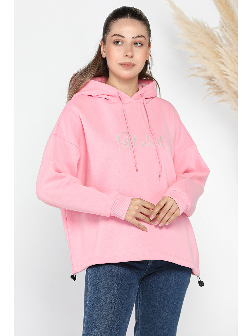 GÜLSELİ Pembe Kadın Kapüşonlu Nakışlı Şardonlu Oversize Üç İplik Sweatshirt