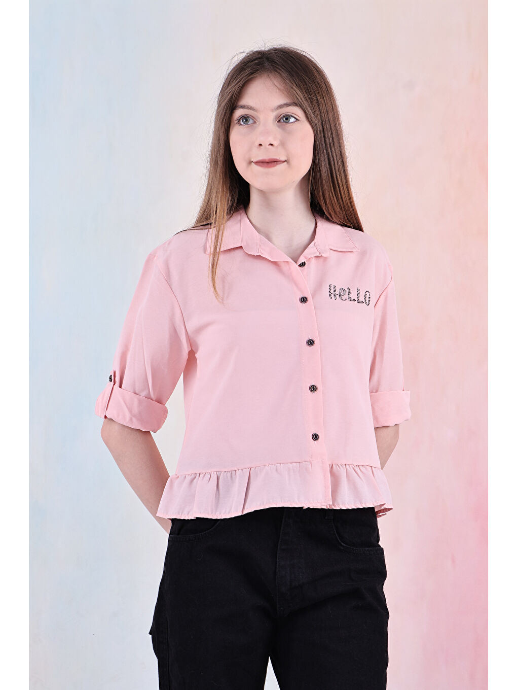 Pembe Kız Çocuk Bel Detaylı-Taş Baskılı Crop Gömlek 6-15 Yaş 12254-2