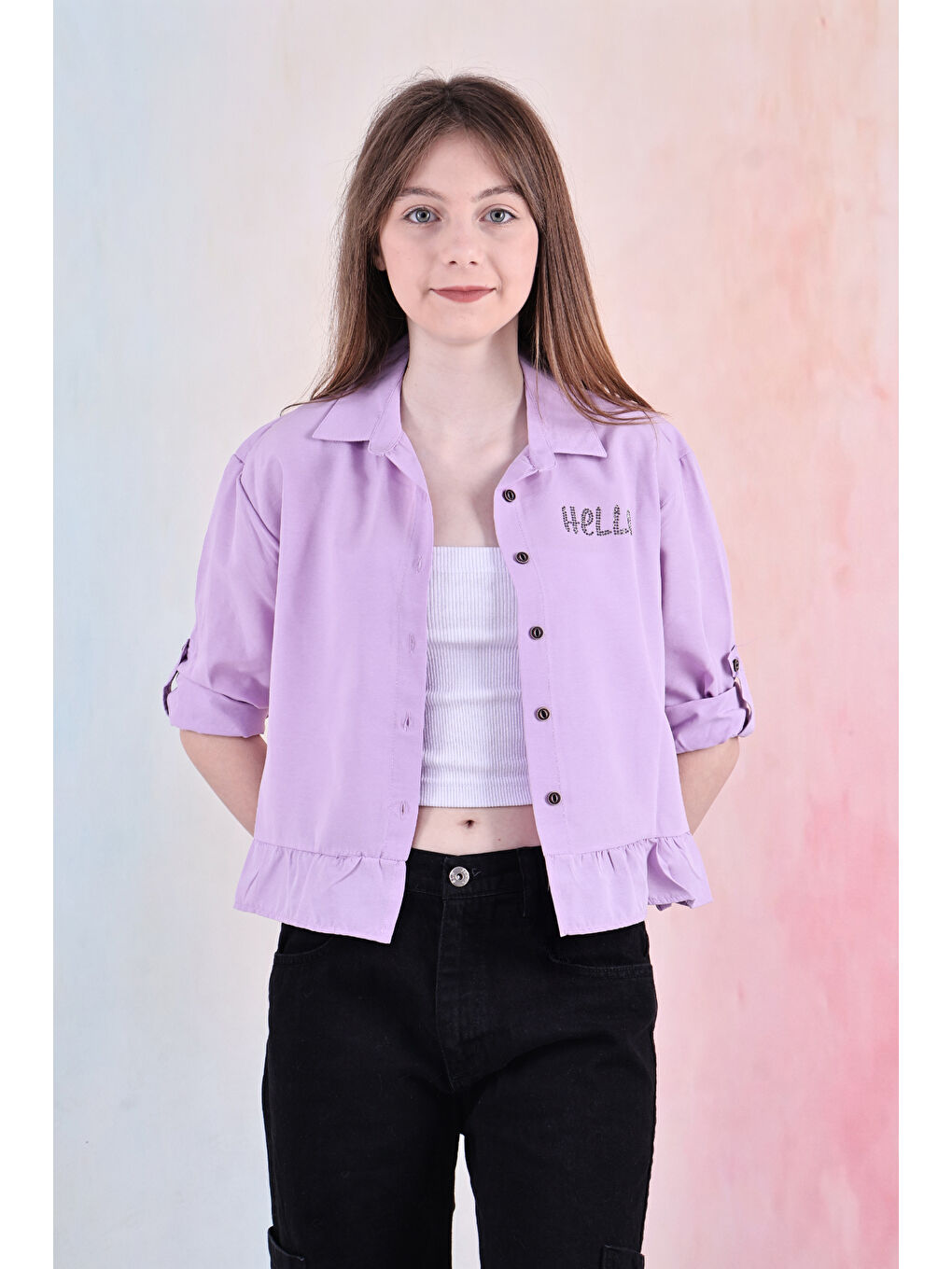 Lila Kız Çocuk Bel Detaylı-Taş Baskılı Crop Gömlek 6-15 Yaş 12254-1