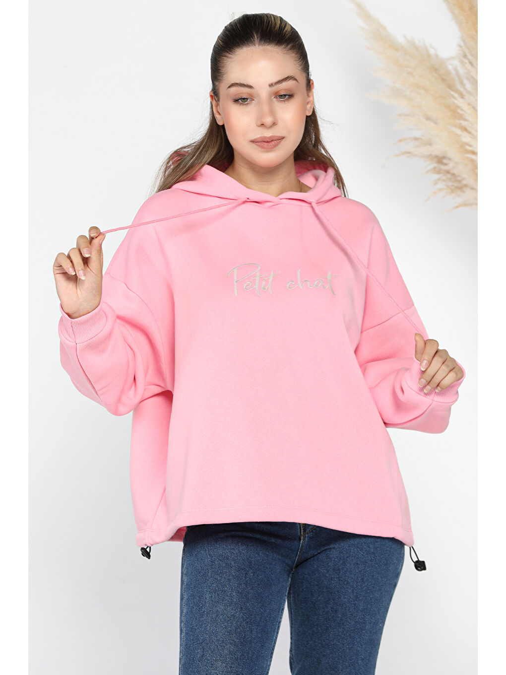 GÜLSELİ Pembe Kadın Kapüşonlu Nakışlı Şardonlu Oversize Üç İplik Sweatshirt - 1