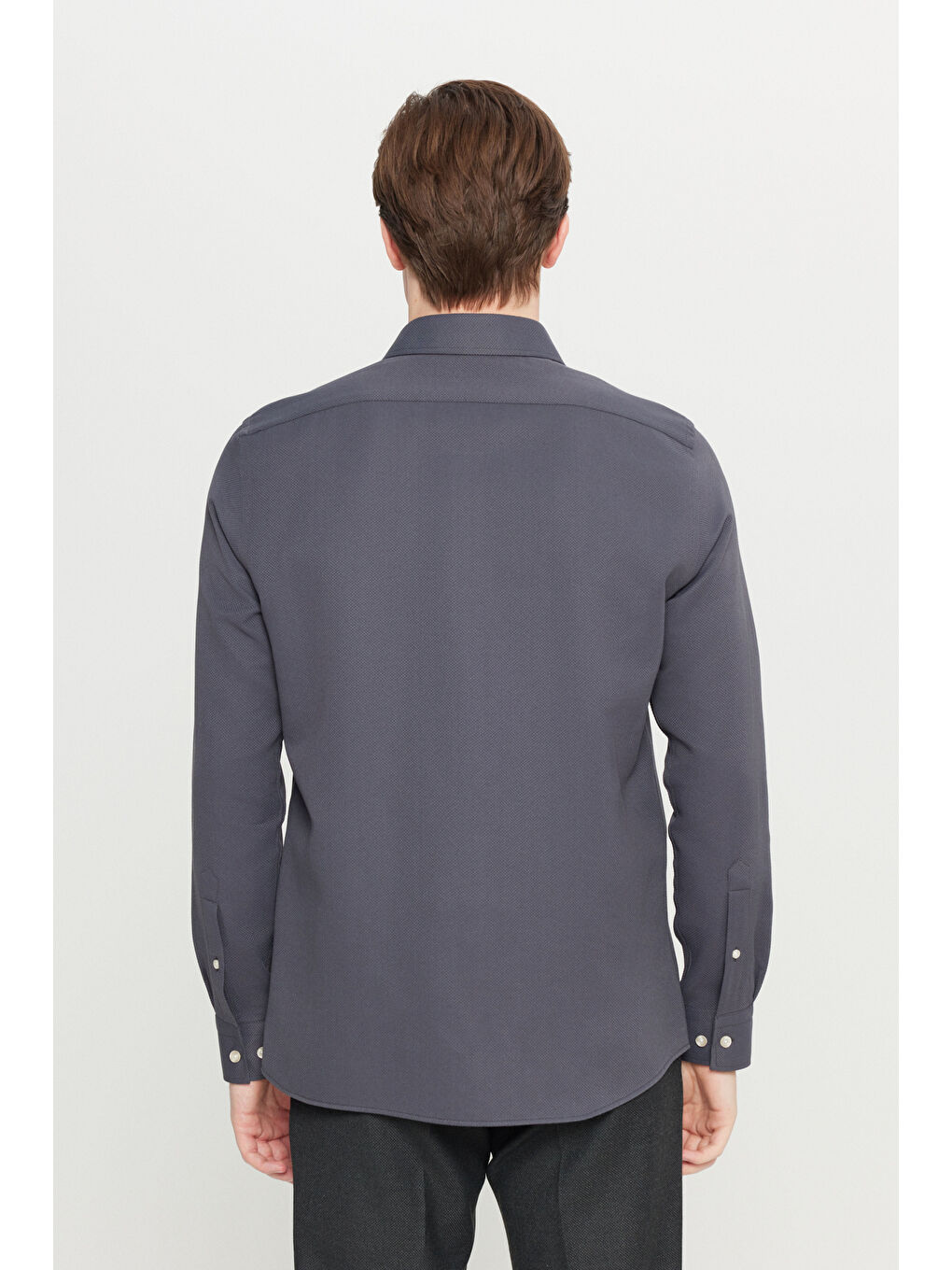 Erkek Antrasit Pamuklu Tailored Slim Fit Dar Kesim Küçük İtalyan Yaka Armürlü Gömlek-4