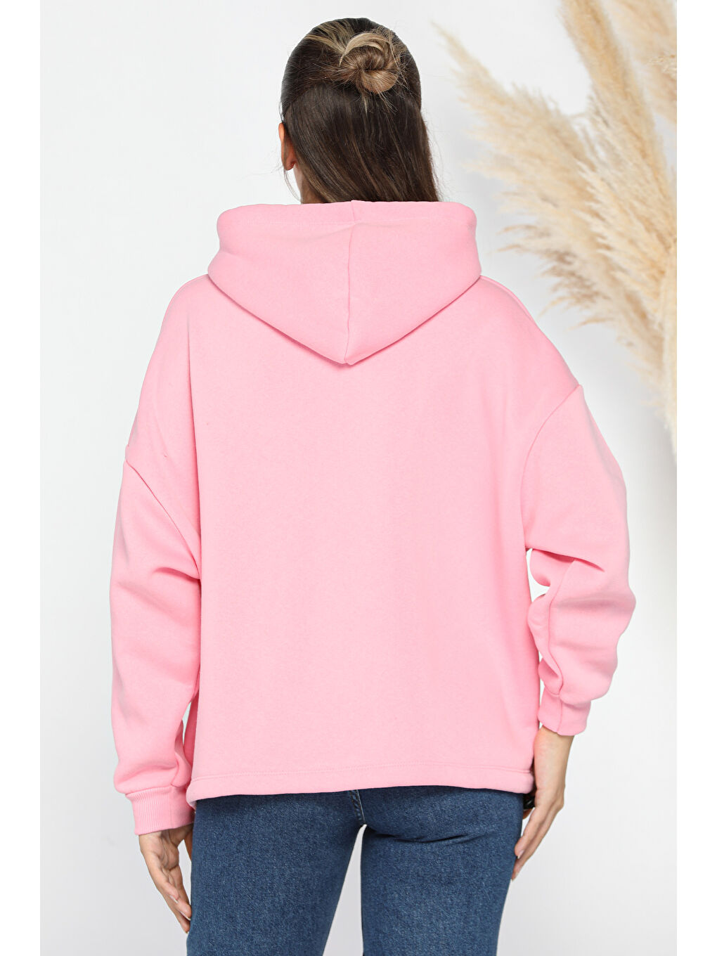 GÜLSELİ Pembe Kadın Kapüşonlu Nakışlı Şardonlu Oversize Üç İplik Sweatshirt - 2