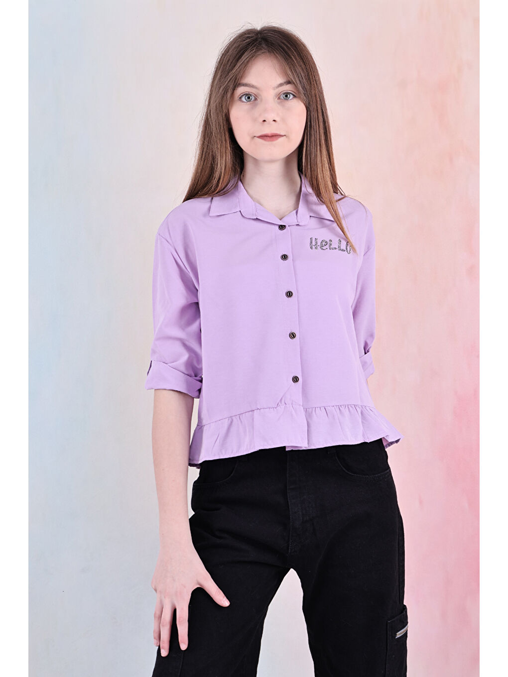 Lila Kız Çocuk Bel Detaylı-Taş Baskılı Crop Gömlek 6-15 Yaş 12254-2