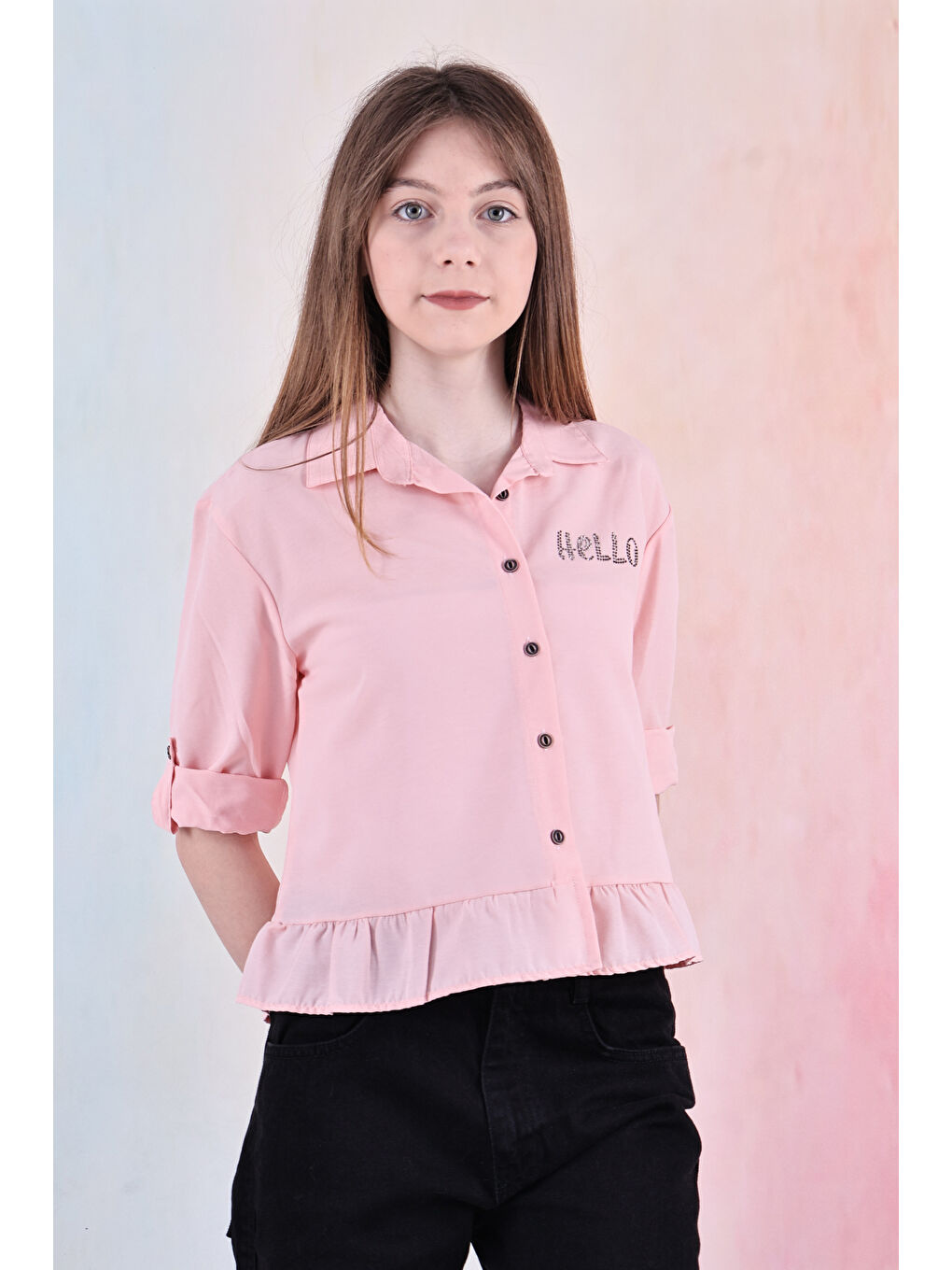 Pembe Kız Çocuk Bel Detaylı-Taş Baskılı Crop Gömlek 6-15 Yaş 12254-4