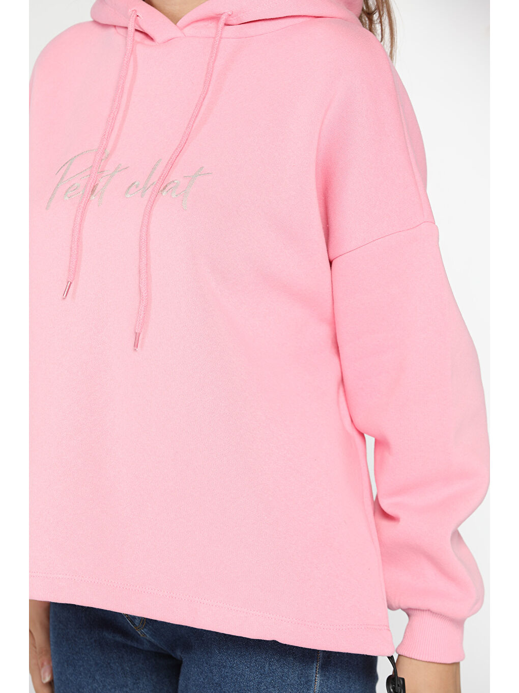 GÜLSELİ Pembe Kadın Kapüşonlu Nakışlı Şardonlu Oversize Üç İplik Sweatshirt - 3