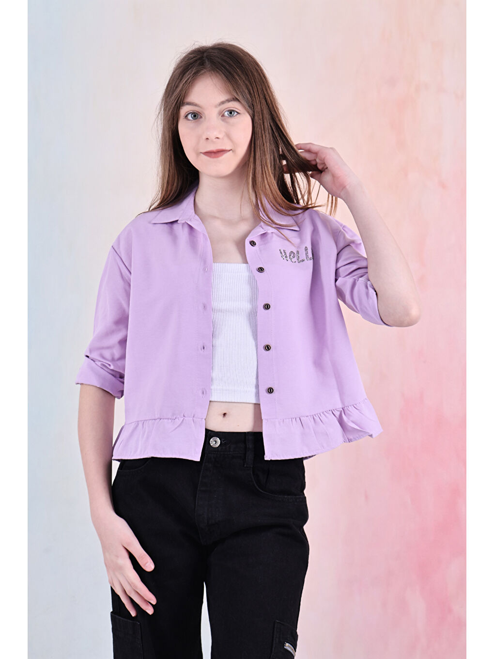 Lila Kız Çocuk Bel Detaylı-Taş Baskılı Crop Gömlek 6-15 Yaş 12254-3